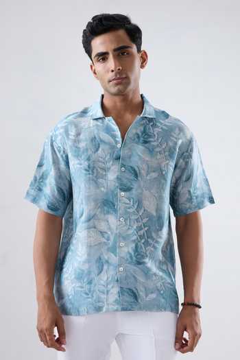 Shop Raw & Rustic By Niti Bothra Blue Silk, Tencel Leaf Eco-print Shirt Online at Aza Fashions Shop_Raw & Rustic By Niti Bothra_Blue Silk, Tencel Leaf Eco-print Shirt _Online_at_Aza_Fashions