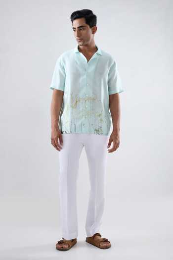 Raw & Rustic By Niti Bothra Sky Blue Silk, Tencel Eco Print Cuban Collar Shirt Online at Aza Fashions Raw & Rustic By Niti Bothra_Sky Blue Silk, Tencel Eco Print Cuban Collar Shirt _Online_at_Aza_Fashions