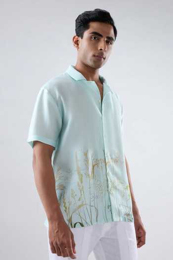 Shop Raw & Rustic By Niti Bothra Sky Blue Silk, Tencel Eco Print Cuban Collar Shirt Online at Aza Fashions Shop_Raw & Rustic By Niti Bothra_Sky Blue Silk, Tencel Eco Print Cuban Collar Shirt _Online_at_Aza_Fashions
