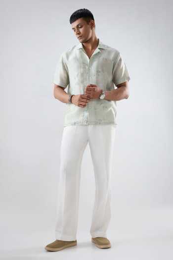 Buy_Raw & Rustic By Niti Bothra_Mint Silk, Tencel Abstract Eco Print Cuban Collar Shirt _Online_at_Aza_Fashions