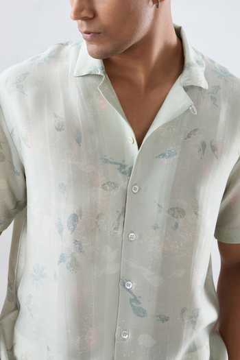 Shop_Raw & Rustic By Niti Bothra_Mint Silk, Tencel Abstract Eco Print Cuban Collar Shirt _Online_at_Aza_Fashions