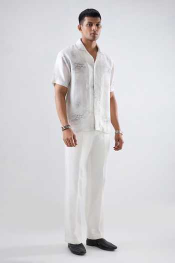 Raw & Rustic By Niti Bothra White Silk, Tencel Cuban Collar Eco Print Shirt Online at Aza Fashions Raw & Rustic By Niti Bothra_White Silk, Tencel Cuban Collar Eco Print Shirt _Online_at_Aza_Fashions