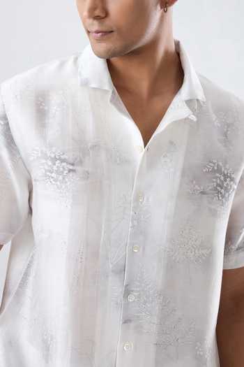 Shop Raw & Rustic By Niti Bothra White Silk, Tencel Cuban Collar Eco Print Shirt Online at Aza Fashions Shop_Raw & Rustic By Niti Bothra_White Silk, Tencel Cuban Collar Eco Print Shirt _Online_at_Aza_Fashions