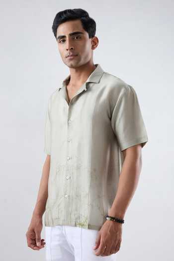 Buy Raw & Rustic By Niti Bothra Grey Silk, Tencel Eco Print Cuban Collar Shirt Online at Aza Fashions Buy_Raw & Rustic By Niti Bothra_Grey Silk, Tencel Eco Print Cuban Collar Shirt _Online_at_Aza_Fashions