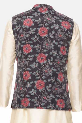 Mayank Modi - Men Florette Print Black & Red Bundi For Kids