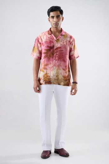 Raw & Rustic By Niti Bothra_Pink Silk, Tencel Floral Eco Print Cuban Collar Shirt _Online_at_Aza_Fashions