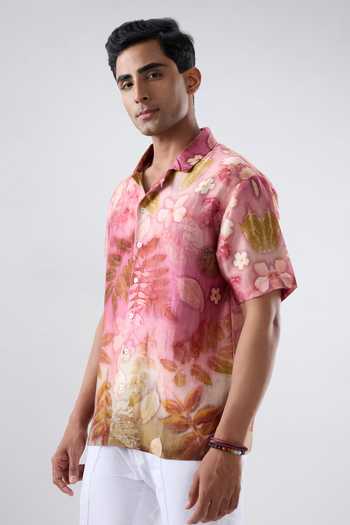 Buy_Raw & Rustic By Niti Bothra_Pink Silk, Tencel Floral Eco Print Cuban Collar Shirt _Online_at_Aza_Fashions