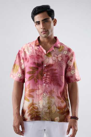 Shop_Raw & Rustic By Niti Bothra_Pink Silk, Tencel Floral Eco Print Cuban Collar Shirt _Online_at_Aza_Fashions