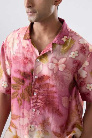 Raw & Rustic By Niti Bothra_Pink Silk, Tencel Floral Eco Print Cuban Collar Shirt _at_Aza_Fashions