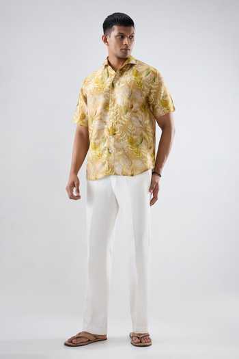 Raw & Rustic By Niti Bothra_Yellow Silk, Tencel Leaf Eco Print Half Sleeve Shirt _Online_at_Aza_Fashions