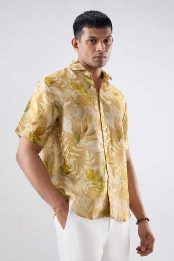 Raw & Rustic By Niti Bothra Leaf Eco Print Silk Tencel Half Sleeve Shirt 