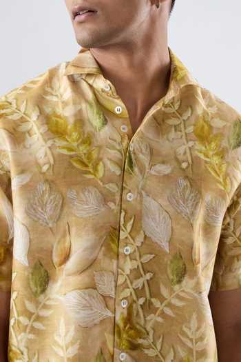 Buy_Raw & Rustic By Niti Bothra_Yellow Silk, Tencel Leaf Eco Print Half Sleeve Shirt _Online_at_Aza_Fashions