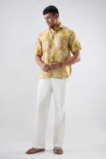 Shop_Raw & Rustic By Niti Bothra_Yellow Silk, Tencel Leaf Eco Print Half Sleeve Shirt _Online_at_Aza_Fashions