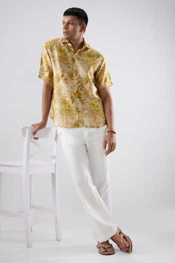 Raw & Rustic By Niti Bothra_Yellow Silk, Tencel Leaf Eco Print Half Sleeve Shirt _at_Aza_Fashions