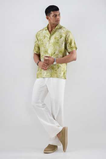 Raw & Rustic By Niti Bothra_Green Silk, Tencel Leaf Print Regular Shirt _Online_at_Aza_Fashions