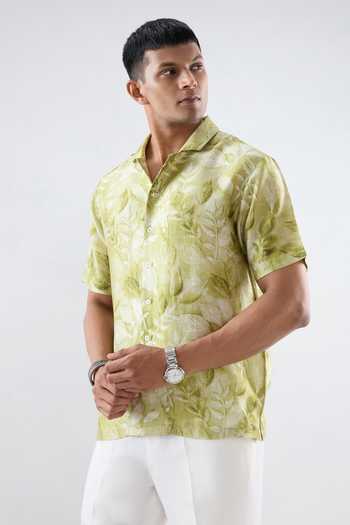Buy_Raw & Rustic By Niti Bothra_Green Silk, Tencel Leaf Print Regular Shirt _Online_at_Aza_Fashions