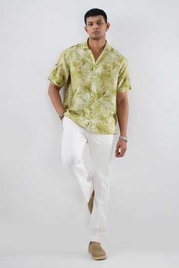 Shop_Raw & Rustic By Niti Bothra_Green Silk, Tencel Leaf Print Regular Shirt _Online_at_Aza_Fashions