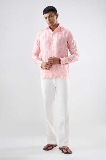Raw & Rustic By Niti Bothra_Pink Silk, Tencel Leaf Print Full-sleeve Shirt _Online_at_Aza_Fashions