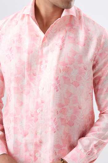 Buy_Raw & Rustic By Niti Bothra_Pink Silk, Tencel Leaf Print Full-sleeve Shirt _Online_at_Aza_Fashions