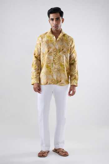 Raw & Rustic By Niti Bothra Yellow Silk, Tencel Leaf Eco Print Full Sleeve Shirt Online at Aza Fashions Raw & Rustic By Niti Bothra_Yellow Silk, Tencel Leaf Eco Print Full Sleeve Shirt _Online_at_Aza_Fashions