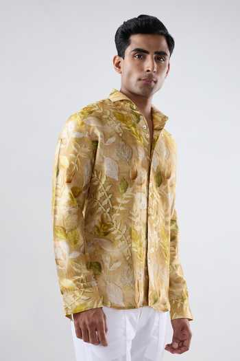 Buy Raw & Rustic By Niti Bothra Yellow Silk, Tencel Leaf Eco Print Full Sleeve Shirt Online at Aza Fashions Buy_Raw & Rustic By Niti Bothra_Yellow Silk, Tencel Leaf Eco Print Full Sleeve Shirt _Online_at_Aza_Fashions