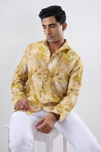 Shop Raw & Rustic By Niti Bothra Yellow Silk, Tencel Leaf Eco Print Full Sleeve Shirt Online at Aza Fashions Shop_Raw & Rustic By Niti Bothra_Yellow Silk, Tencel Leaf Eco Print Full Sleeve Shirt _Online_at_Aza_Fashions