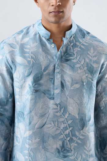 Shop Raw & Rustic By Niti Bothra Blue Silk, Tencel Leaf Eco Print Kurta Online at Aza Fashions Shop_Raw & Rustic By Niti Bothra_Blue Silk, Tencel Leaf Eco Print Kurta _Online_at_Aza_Fashions