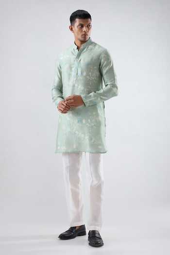 Raw & Rustic By Niti Bothra_Mint Silk, Tencel Leaf Print Kurta _Online_at_Aza_Fashions