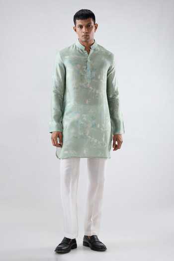 Buy_Raw & Rustic By Niti Bothra_Mint Silk, Tencel Leaf Print Kurta _Online_at_Aza_Fashions
