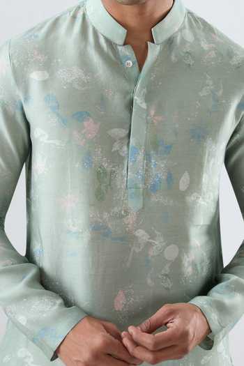 Shop_Raw & Rustic By Niti Bothra_Mint Silk, Tencel Leaf Print Kurta _Online_at_Aza_Fashions