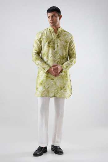 Raw & Rustic By Niti Bothra_Green Silk, Tencel Leaf Print Short Kurta _Online_at_Aza_Fashions