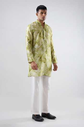 Buy_Raw & Rustic By Niti Bothra_Green Silk, Tencel Leaf Print Short Kurta _Online_at_Aza_Fashions