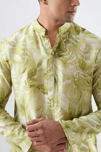 Shop_Raw & Rustic By Niti Bothra_Green Silk, Tencel Leaf Print Short Kurta _Online_at_Aza_Fashions