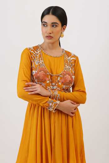 Vidushi Gupta_Mustard Silk, Cotton, Modal Scoop Floral Embroidered Peplum Kurta And Pant Set _Online_at_Aza_Fashions