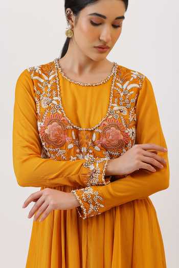 Buy_Vidushi Gupta_Mustard Silk, Cotton, Modal Scoop Floral Embroidered Peplum Kurta And Pant Set 