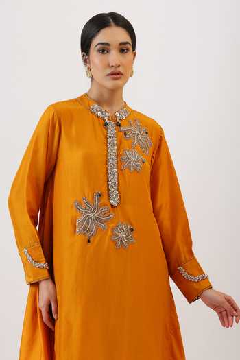 Buy_Vidushi Gupta_Mustard Silk, Cotton, Modal, Blooming Floral Work Kurta And Dhoti Pant Set _Online_at_Aza_Fashions