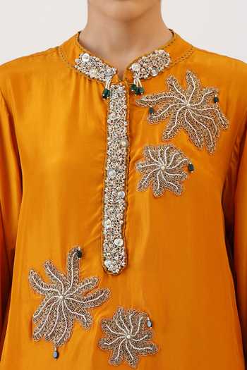Shop_Vidushi Gupta_Mustard Silk, Cotton, Modal, Blooming Floral Work Kurta And Dhoti Pant Set _Online_at_Aza_Fashions