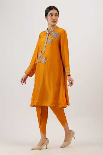 Shop_Vidushi Gupta_Mustard Silk, Cotton, Modal, Blooming Floral Work Kurta And Dhoti Pant Set 