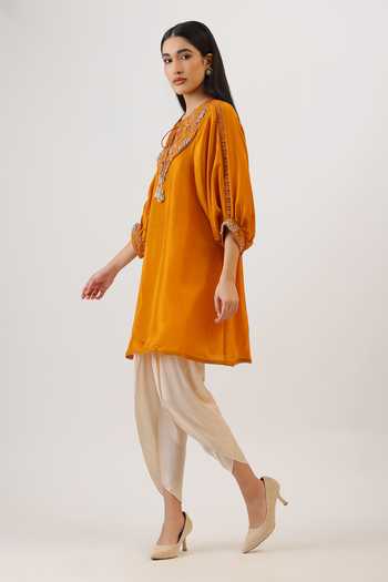 Vidushi Gupta_Mustard Silk, Cotton, Modal Round Neck Floral Thread Work Kurta And Dhoti Pant Set _Online_at_Aza_Fashions