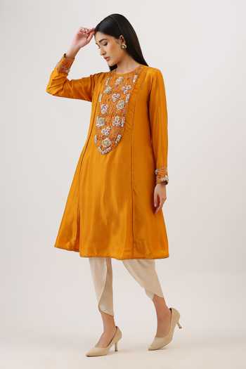 Vidushi Gupta_Mustard Silk, Cotton, Modal Tassels Botanical Embroidered Kurta And Dhoti Pant Set _at_Aza_Fashions