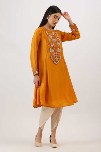 Buy_Vidushi Gupta_Mustard Silk, Cotton, Modal Tassels Botanical Embroidered Kurta And Dhoti Pant Set 
