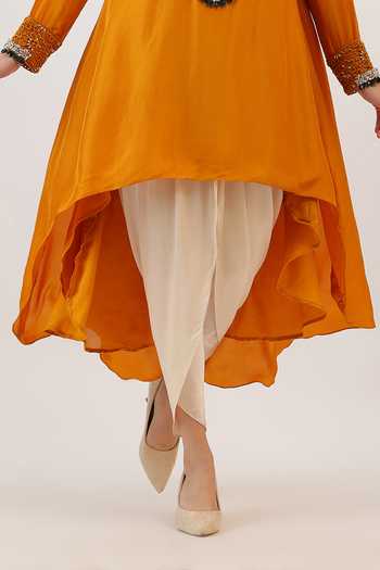 Buy_Vidushi Gupta_Mustard Silk, Modal, Shantoon Floral Hand Embroidered Kurta And Dhoti Pant Set _Online_at_Aza_Fashions