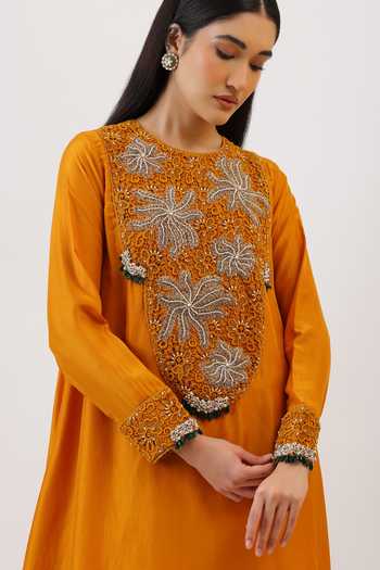 Shop_Vidushi Gupta_Mustard Silk, Modal, Shantoon Floral Hand Embroidered Kurta And Dhoti Pant Set 