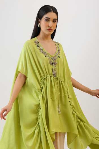 Shop_Vidushi Gupta_Green Silk, Cotton, Modal, Shantoon Floral Embroidered Cape And Dhoti Pant Set _Online_at_Aza_Fashions