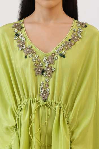 Vidushi Gupta_Green Silk, Cotton, Modal, Shantoon Floral Embroidered Cape And Dhoti Pant Set _at_Aza_Fashions