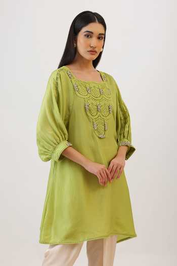 Buy_Vidushi Gupta_Green Silk, Modal, Shantoon Botanical Pearl Embroidered Kurta And Dhoti Pant Set _Online_at_Aza_Fashions