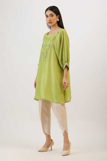Shop_Vidushi Gupta_Green Silk, Modal, Shantoon Botanical Pearl Embroidered Kurta And Dhoti Pant Set _Online_at_Aza_Fashions