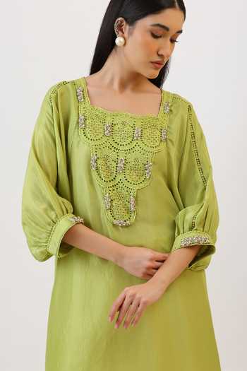 Buy_Vidushi Gupta_Green Silk, Modal, Shantoon Botanical Pearl Embroidered Kurta And Dhoti Pant Set 
