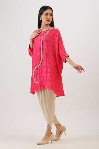 Buy_Vidushi Gupta_Fuchsia Silk, Cotton, Modal, Shantoon Pintuck Embroidered Kurta And Dhoti Pant Set _Online_at_Aza_Fashions