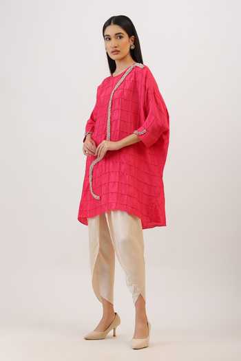 Buy_Vidushi Gupta_Fuchsia Silk, Cotton, Modal, Shantoon Pintuck Embroidered Kurta And Dhoti Pant Set 